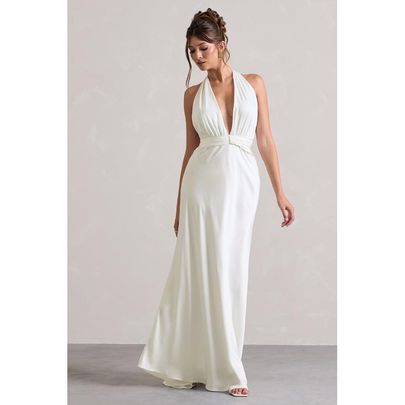 Carolyn | Ivory Satin Plunge Maxi Dress With Dipped Hem