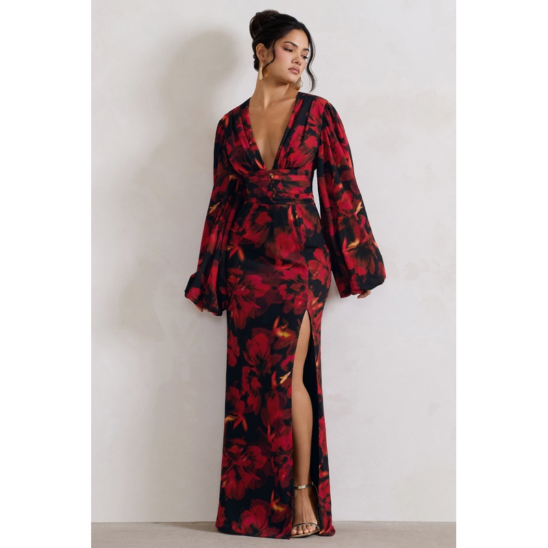Casarile | Red Floral Print V-Neck Balloon Sleeve Maxi Dress