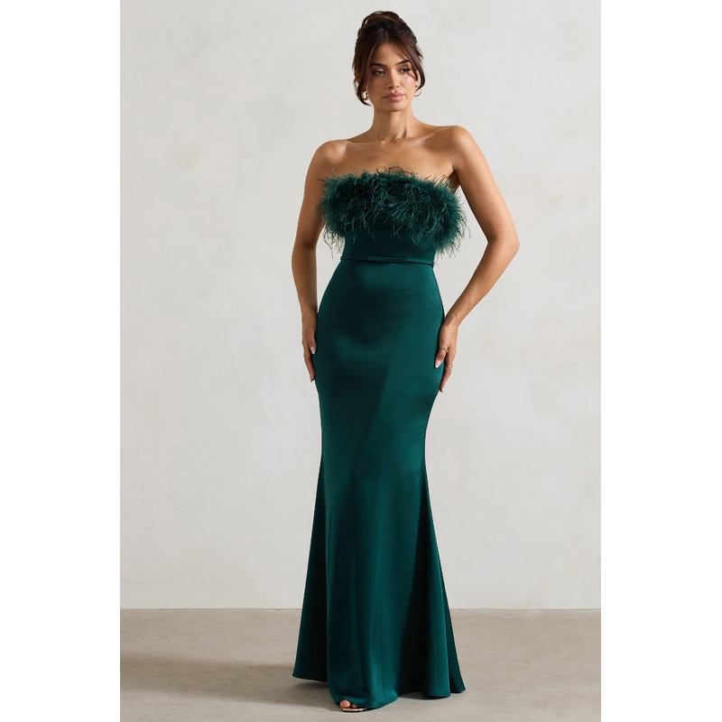 Dress For It | Bottle Green Satin Feather Trim Bandeau Maxi Dress