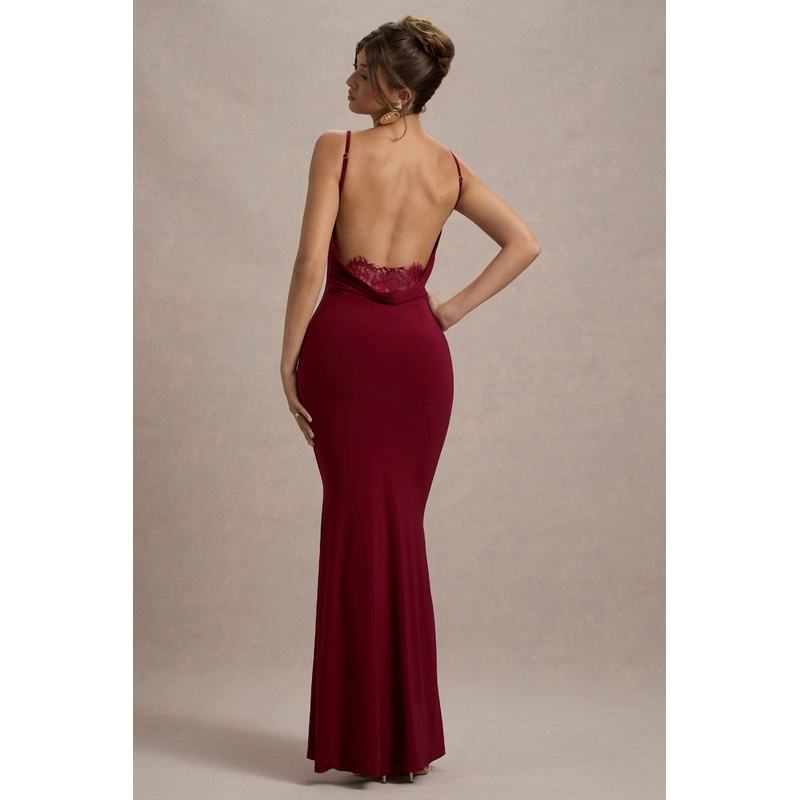Francoise | Berry Cowl Neck Backless Maxi Dress With Lace Insert