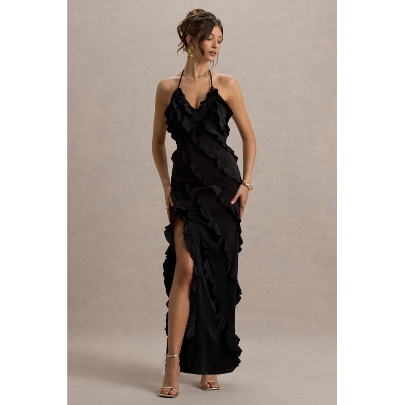 Full On | Black V-Neck Ruffle Maxi Dress