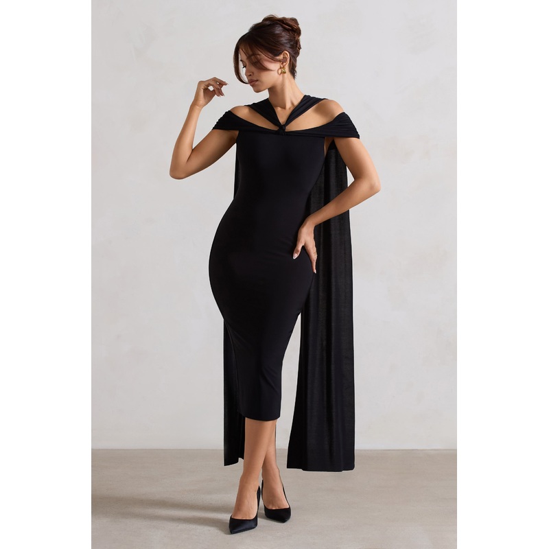 Galia | Black Strappy Midi Dress With Drape