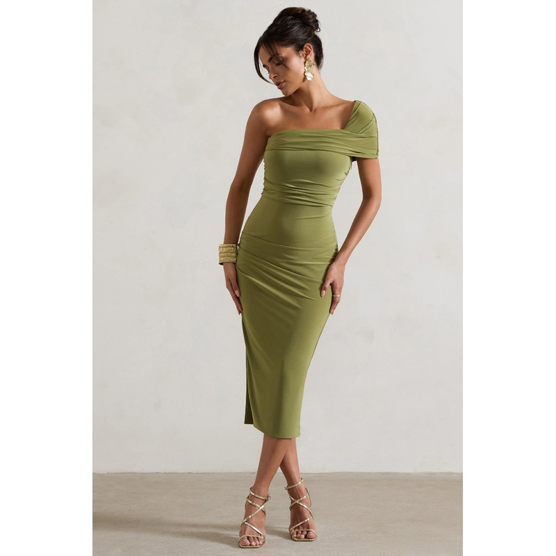 Hawaii | Olive Asymmetric One-Shoulder Split Midi Dress