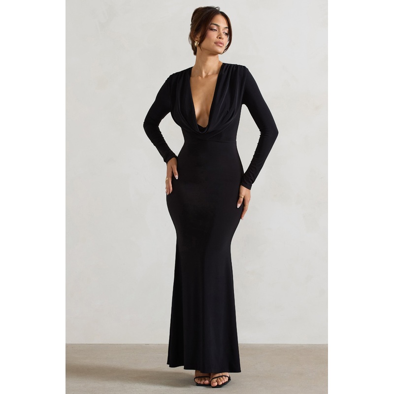 Heavy Heart | Black Cowl-Neck Long-Sleeve Maxi Dress