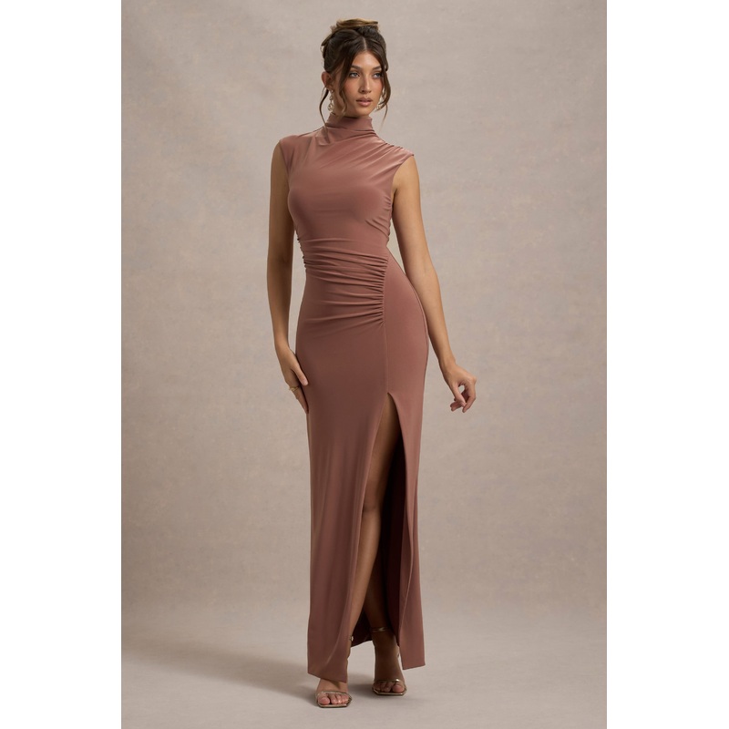 Lanetta | Chestnut Brown Ruched High-Neck Maxi Dress With Split