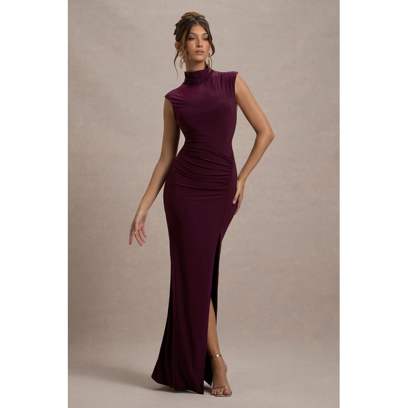 Lanetta | Plum Ruched High-Neck Maxi Dress With Split