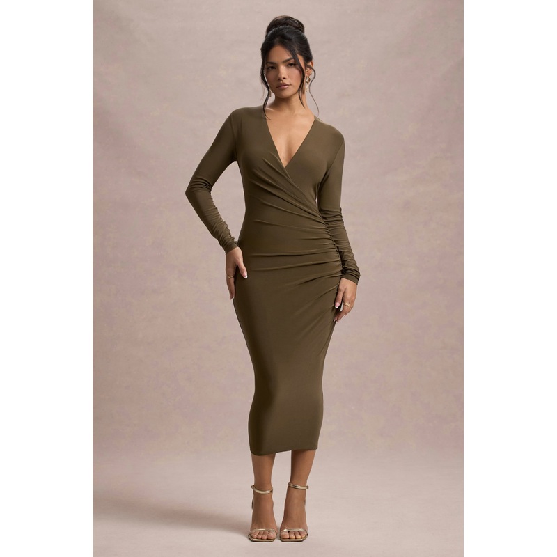 Marcia | Khaki Bodycon Plunge-Neck Midi Dress