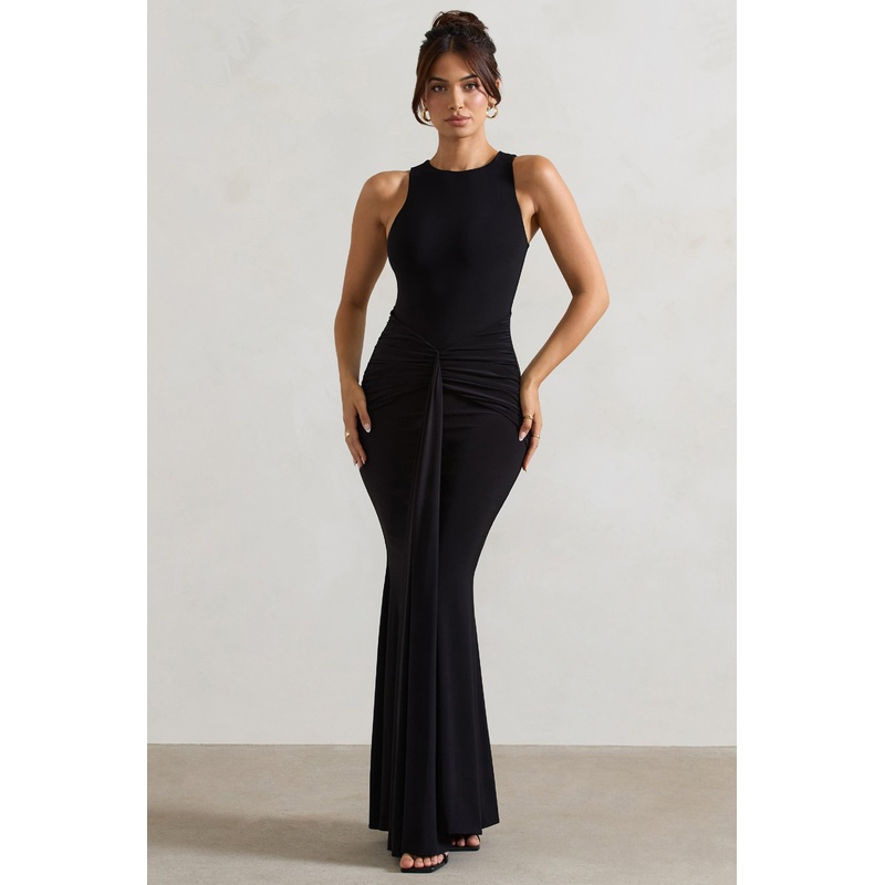 Maren | Black Racer-Neck Gathered Maxi Dress With Drape