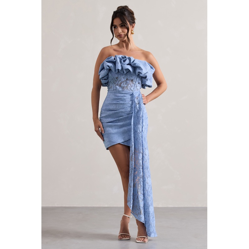 Neptune | Blue Lace Strapless Ruffled Mini Dress With Drape