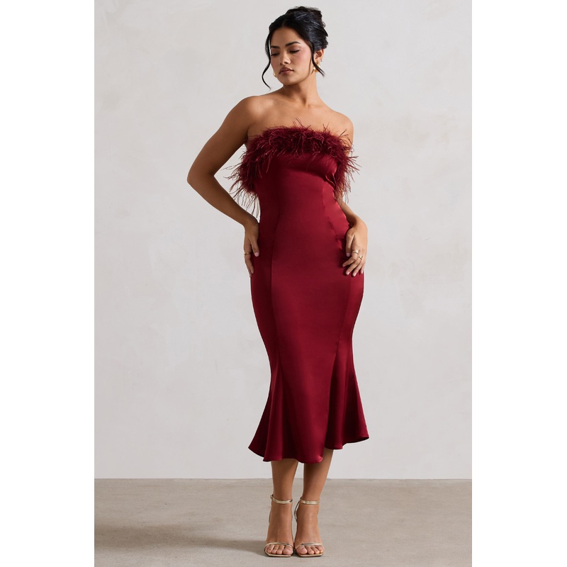 One And Only | Berry Satin Feather Trim Bandeau Midi Dress