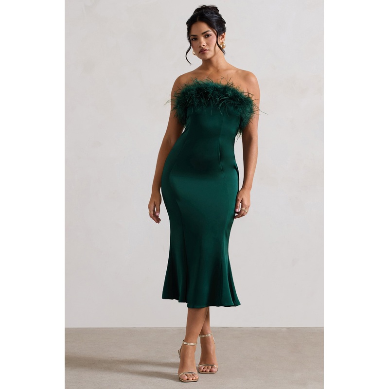 One And Only | Bottle Green Satin Feather Trim Bandeau Midi Dress