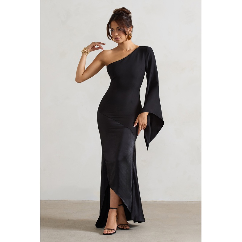 Salem | Black Asymmetric Cape-Sleeve Maxi Dress With Satin Skirt