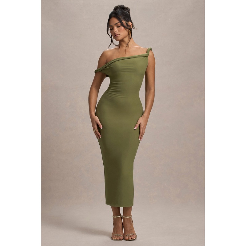 Salome | Olive Twisted Asymmetric Midi Dress
