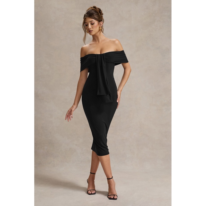 Selbie | Black Bardot Midi Dress With Drape