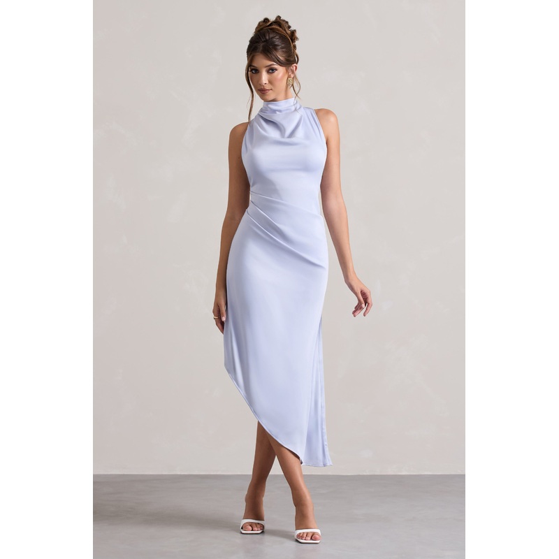 Sophina | Sky Blue Satin Cowl-Neck Asymmetric Midi Dress