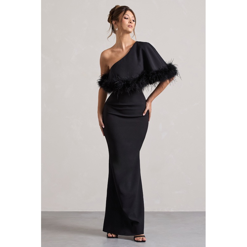 Valor | Black Asymmetric Maxi Dress With Feather Trim