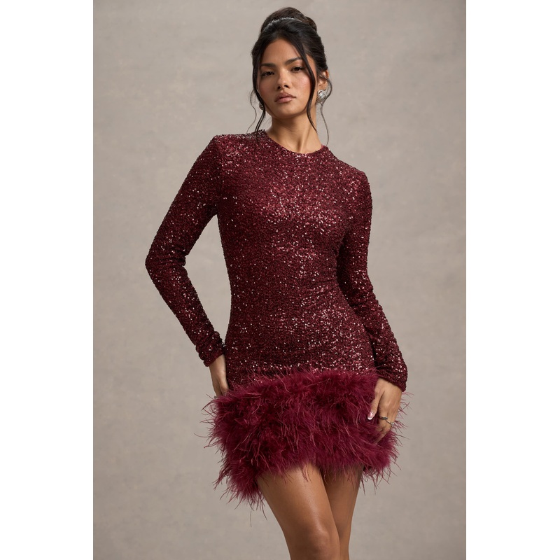 Claudia | Berry Sequin High Neck Feather Hem Mini Dress With Long Sleeves