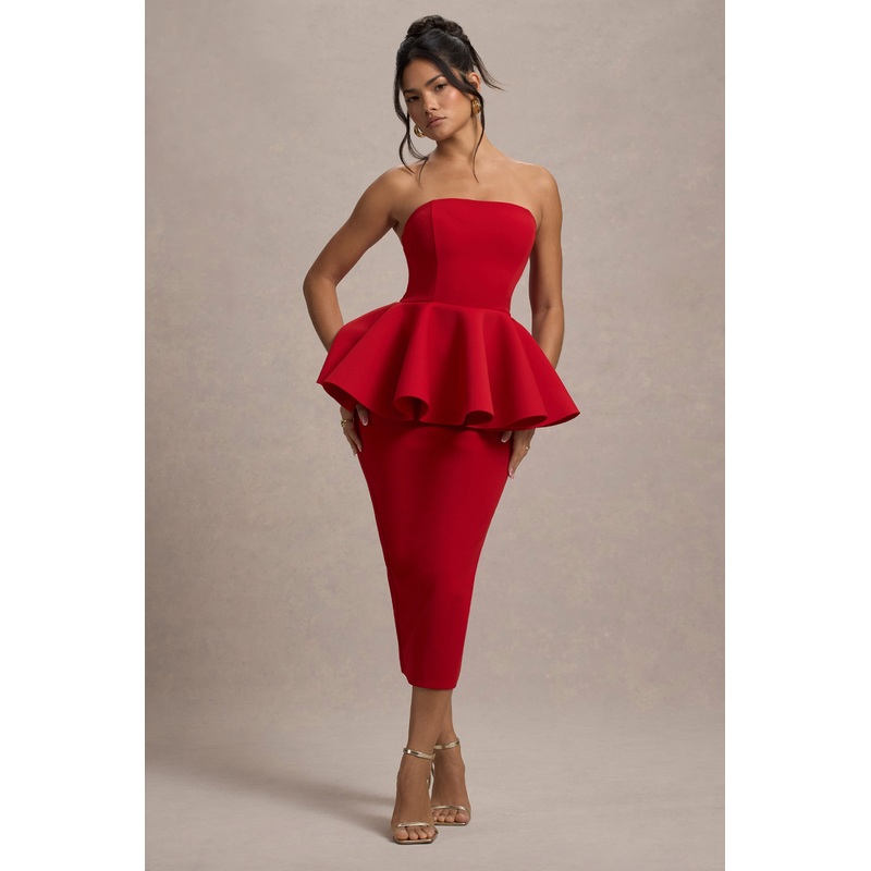 First Dance | Red Bandeau Peplum Midi Dress