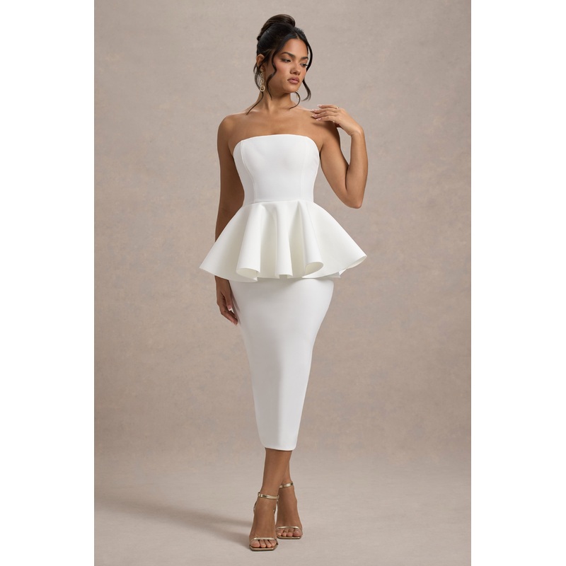 First Dance | White Bandeau Peplum Midi Dress