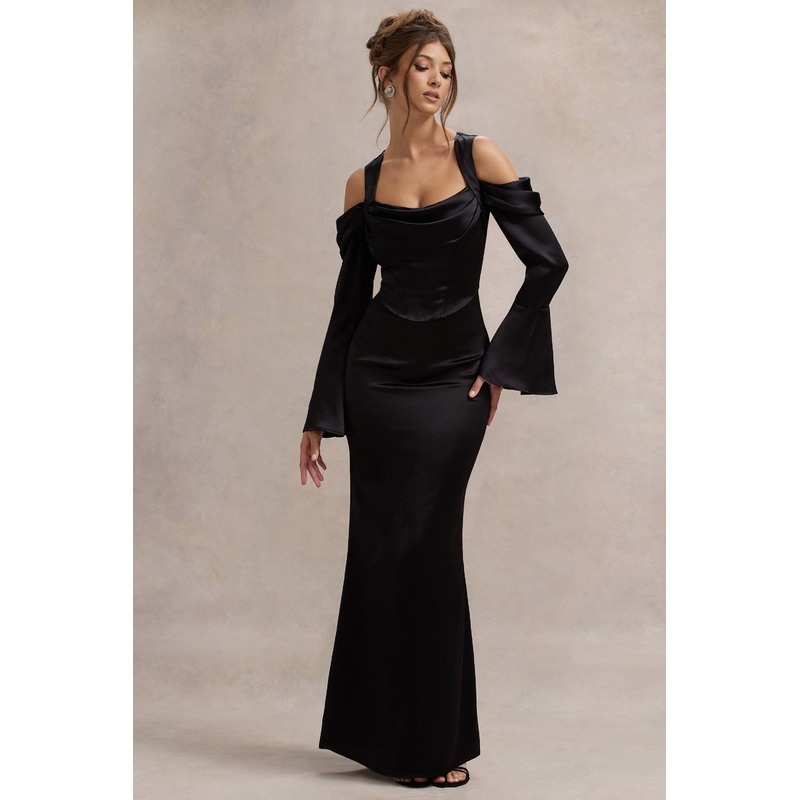 Heartthrob | Black Satin Draped Bardot Maxi Dress