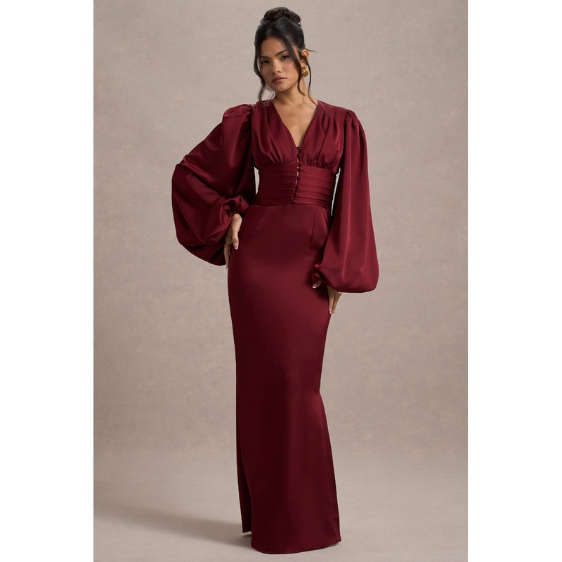 Helsinki | Berry Satin V-Neck Balloon Sleeve Maxi Dress