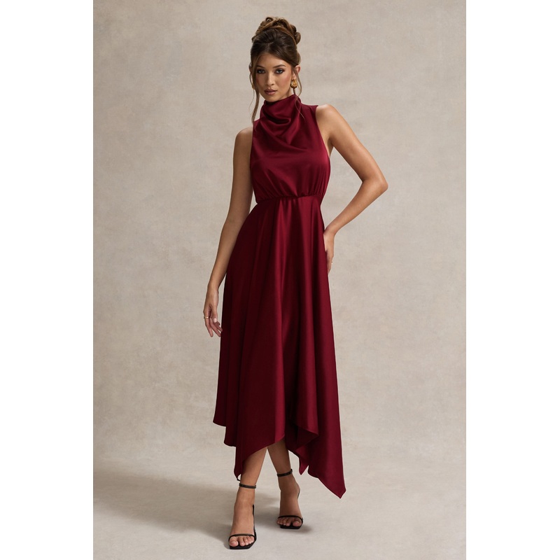 Kerri | Berry Satin Cowl-Neck Maxi Dress