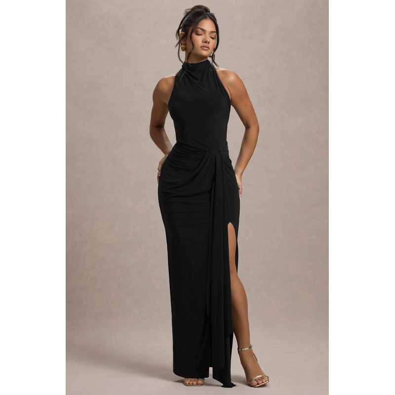 Khari | Black High-Neck Twisted Maxi Dress With Drape