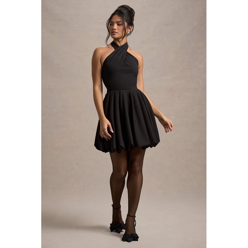 Klytie | Black Halter-Neck Mini Dress With Puff-Ball Skirt