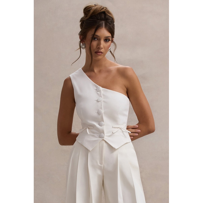 Lelia | Cream One Shoulder Tailored Top With Bows