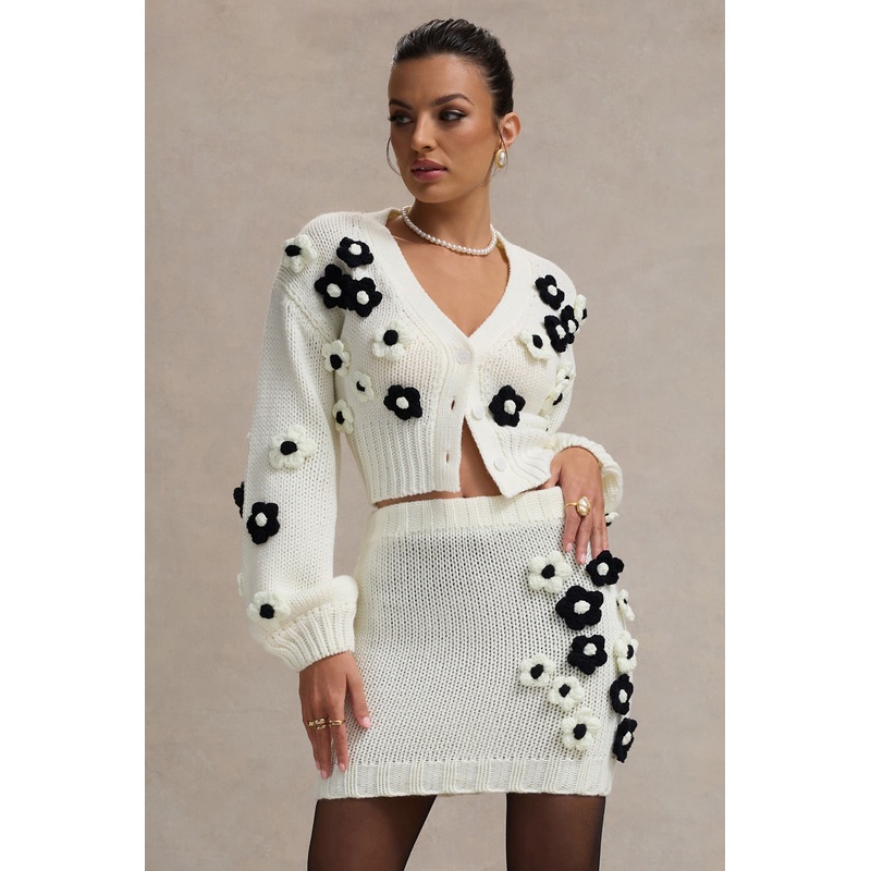 Louvre | Cream & Black Knit Cropped Floral Cardigan