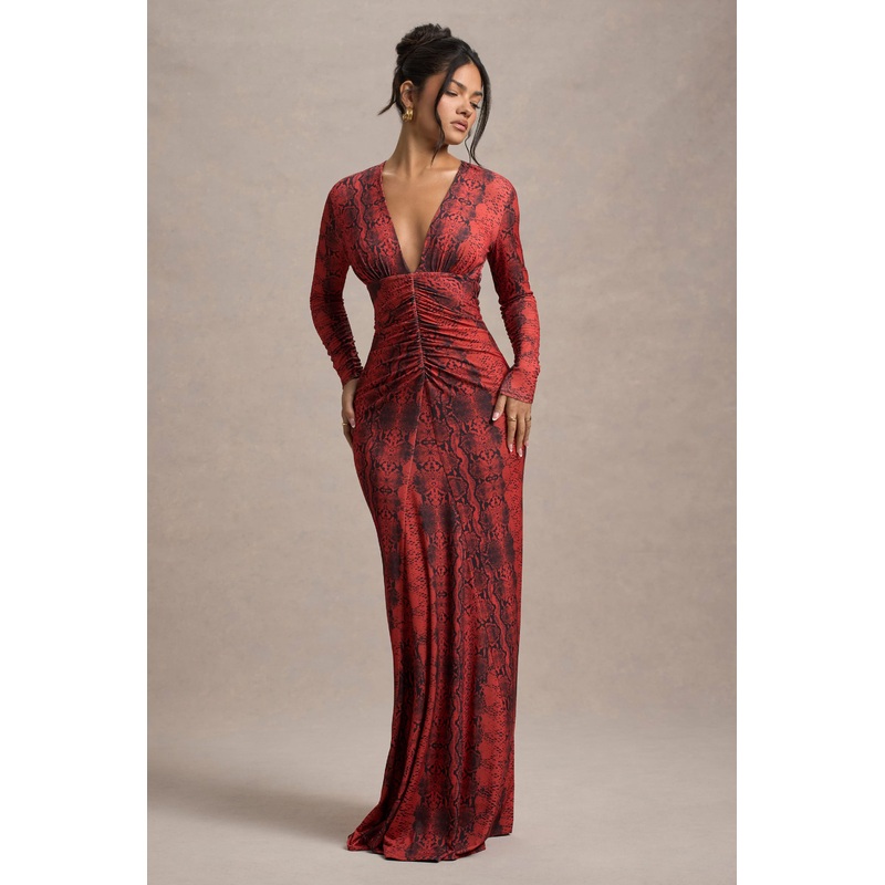 Mamba | Red Snake Print Plunge-Neck Long-Sleeve Maxi Dress