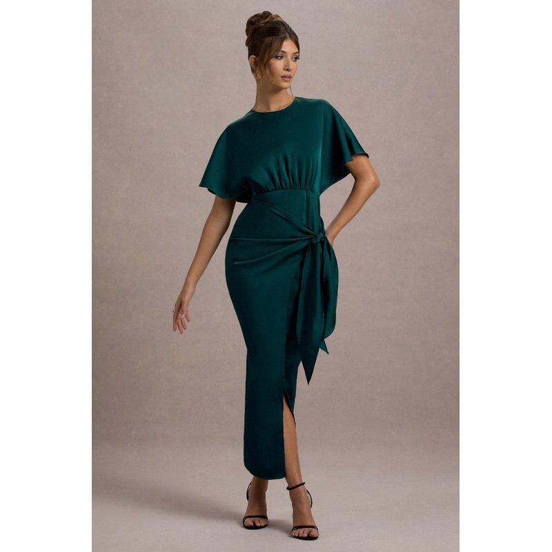 Mika | Bottle Green Satin Short-Sleeve Wrap Maxi Dress