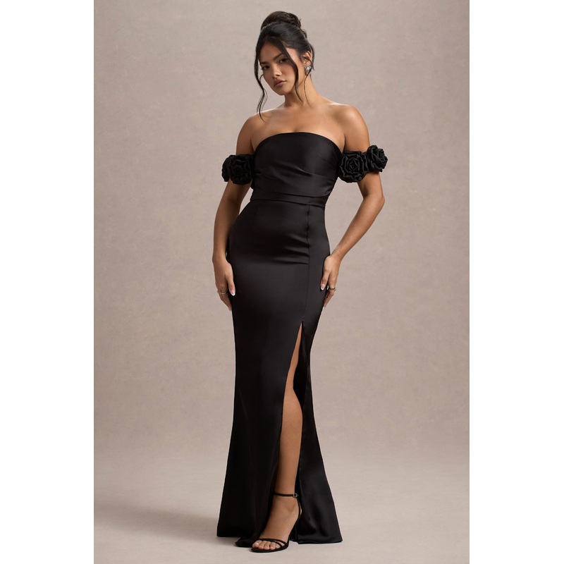 Senseless | Black Satin Floral Bardot Maxi Dress
