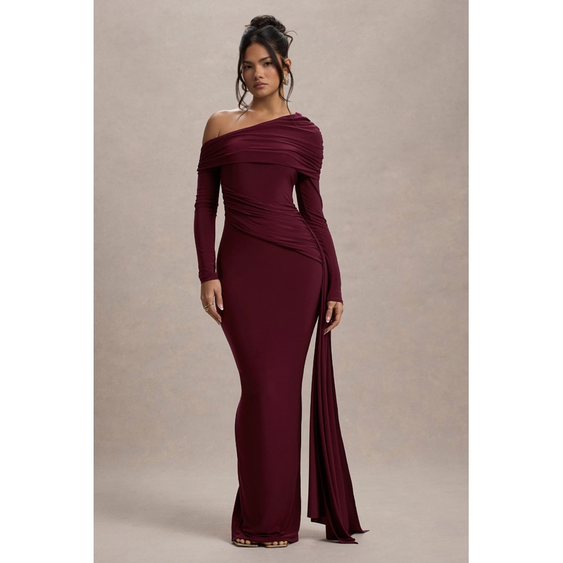 Valina | Burgundy Ruched Asymmetric Maxi Dress With Drape