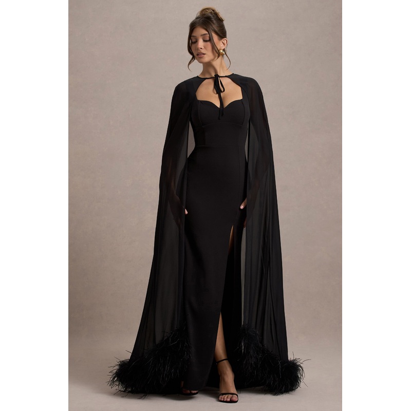 Veranna | Black Chiffon Cape with Fur Trim