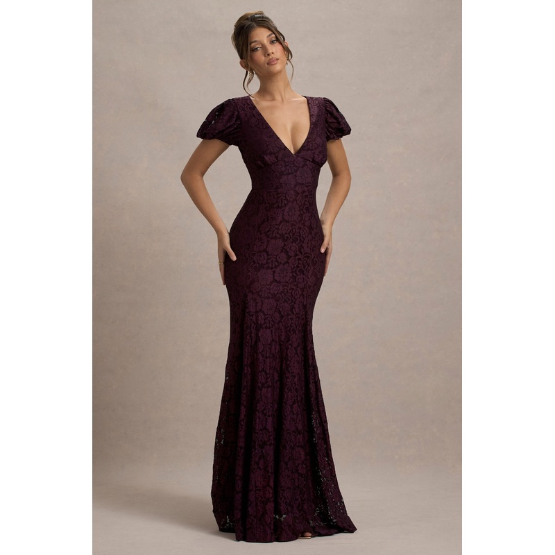 Elestria | Port Lace V-Neck Puff-Sleeve Maxi Dress