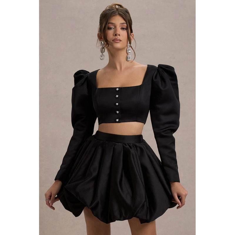 Eloisa | Black Satin Puff-Sleeve Cropped Jacket