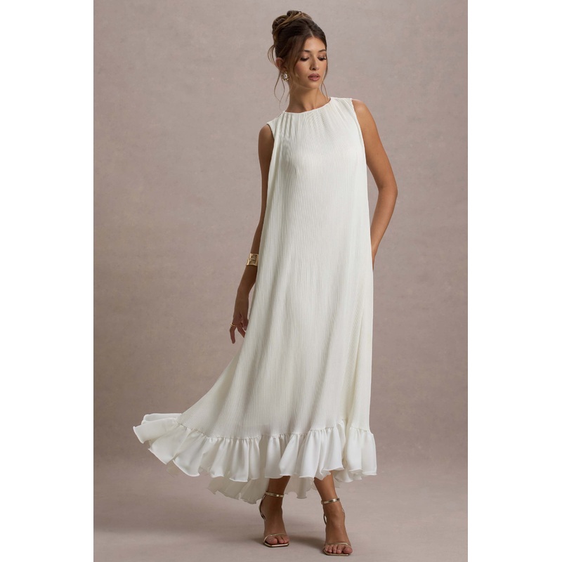 Hazelle | Cream Chiffon A-Line Ruffled Maxi Dress