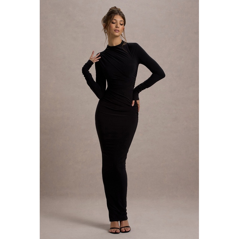 Hespera | Black High-Neck Long-Sleeve Gathered Maxi Dress