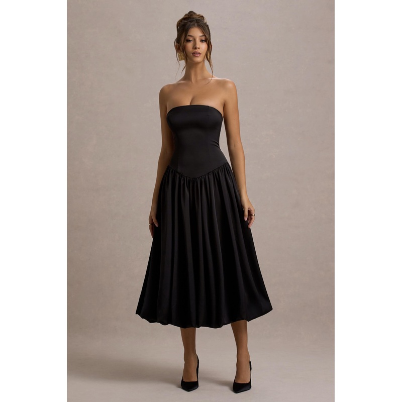 Keyton | Black Satin Bandeau Midi Dress