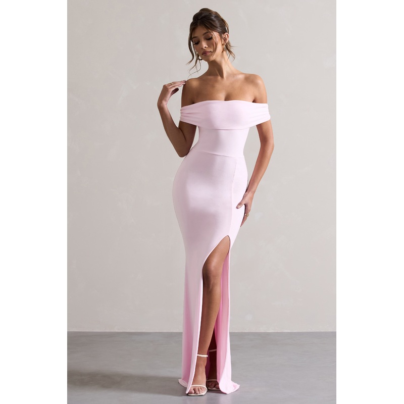 Law of Attraction | Pink Bardot Draped Split Maxi Dress