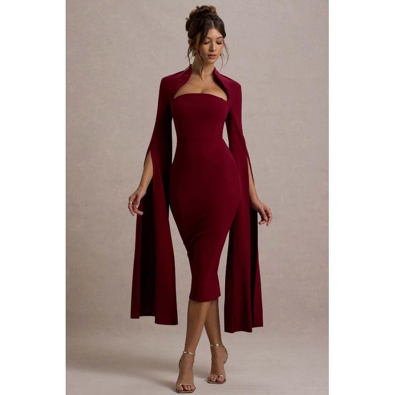 Linden | Berry Bodycon Cape-Sleeve Midi Dress