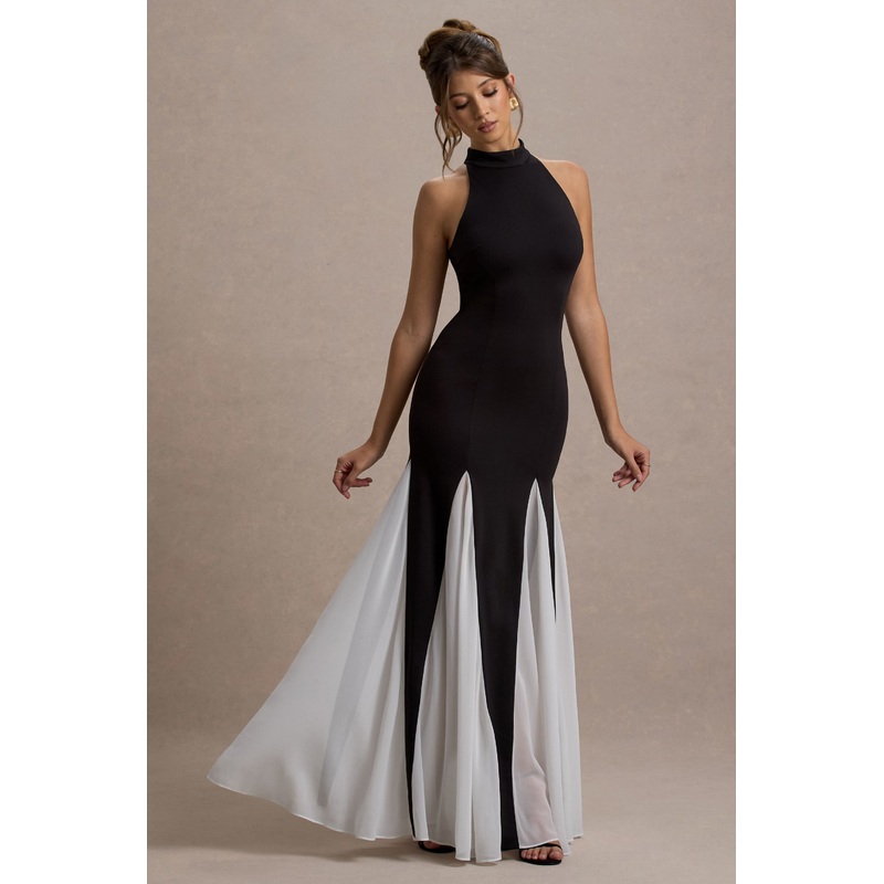 Litzy | Black High-Neck Maxi Dress With White Chiffon Trim