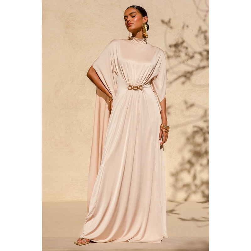 Olessia | Champagne Belted Gathered Cape-Sleeve Maxi Dress