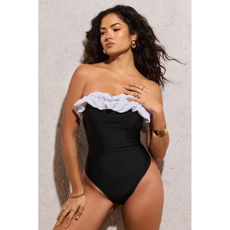 Portofino | Black Halter-Neck Ruffle Trim Swimsuit