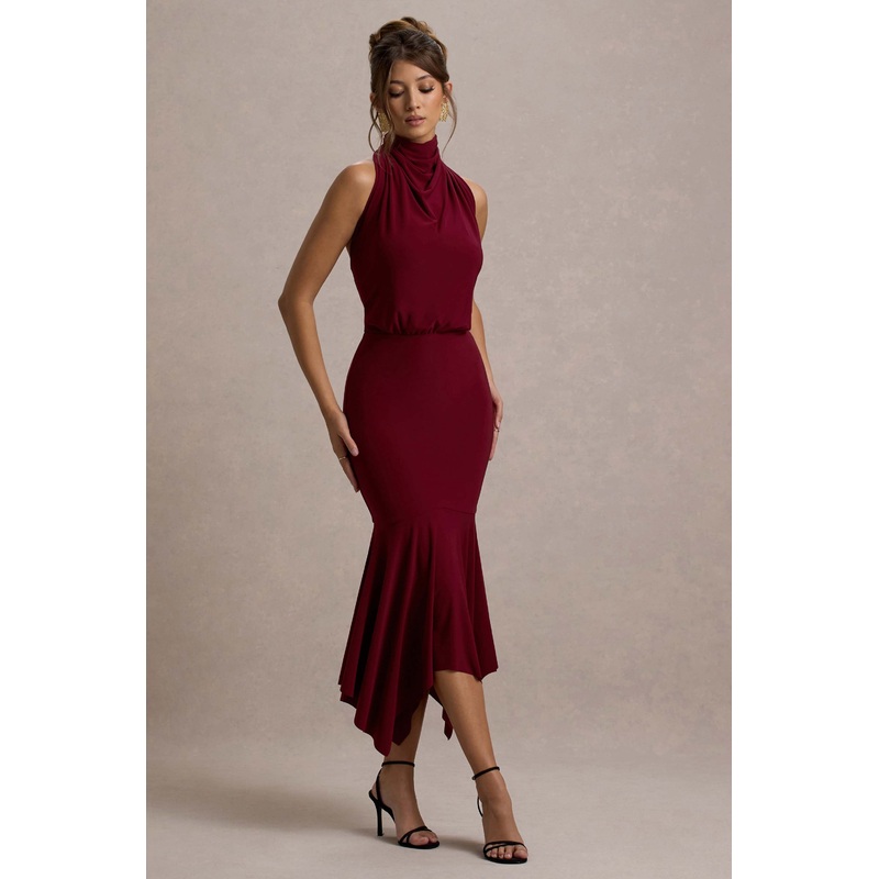 Prianyka | Berry High-Neck Draped Midi Dress