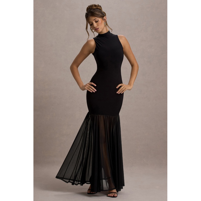 Shae | Black High-Neck Maxi Dress With Sheer Skirt