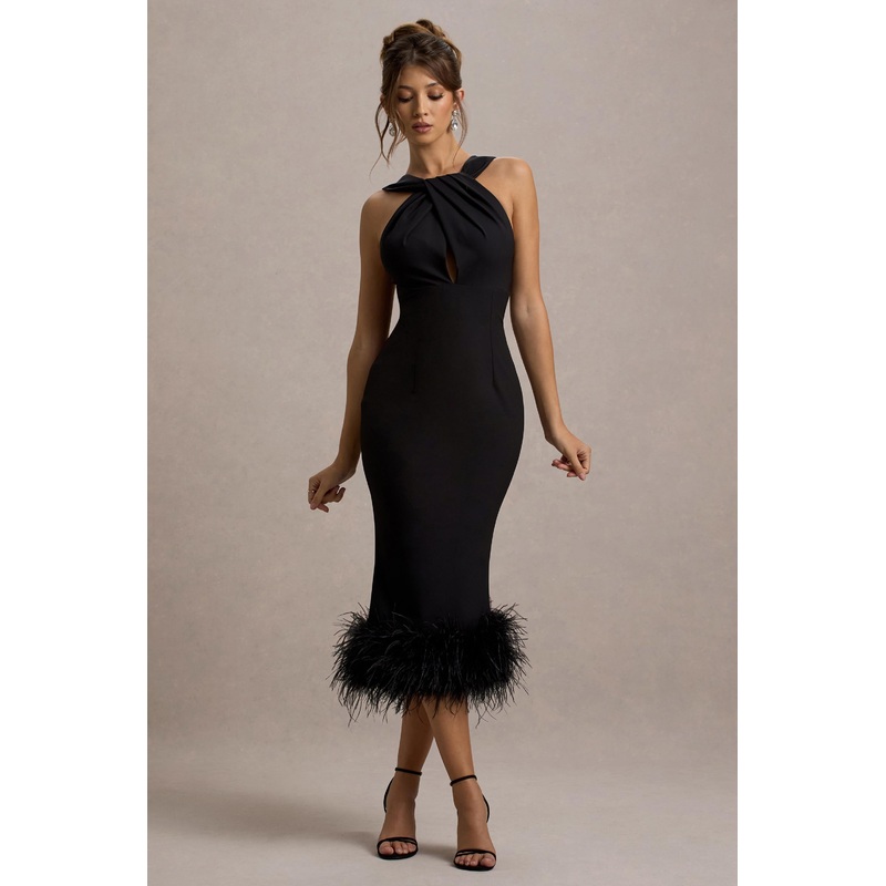 Titania | Black Twist-Neck Feather Hem Midi Dress