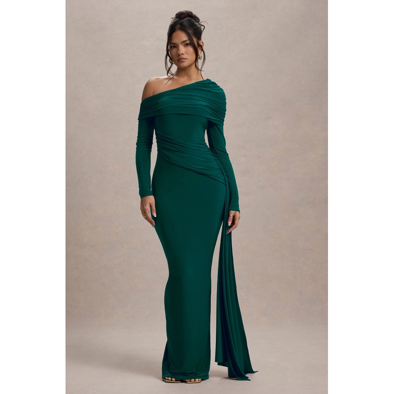Valina | Green Ruched Asymmetric Maxi Dress With Drape