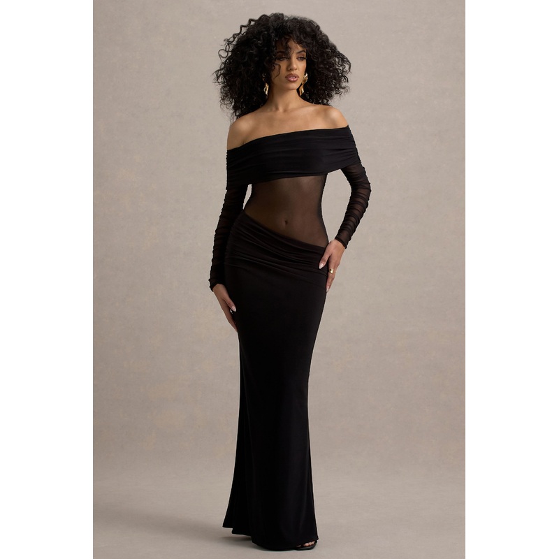 Belamour | Black Semi-Sheer Bardot Gathered Maxi Dress